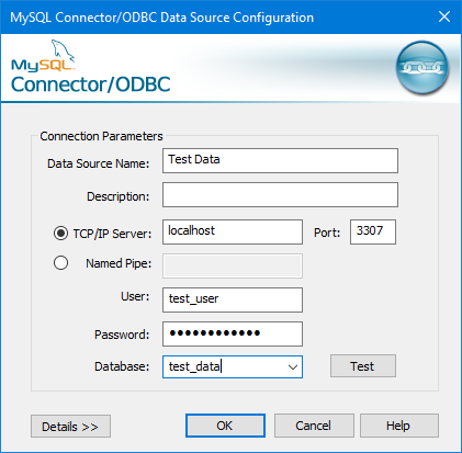 Dialog box for MySQL Connector/ODBC Data Source Configuration with alternate port.